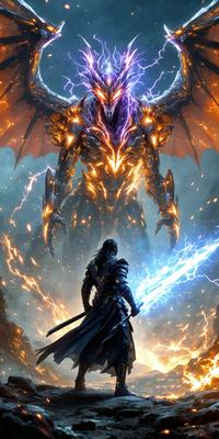 The primary subject of the image is a person holding a sword, standing in front of a large, fire-breathing dragon. The setting appears to be a fantasy world, with the dragon and the person's attire suggesting a medieval or mythical theme. The visual style of the image is digital art, with the dragon and the person's outfit being intricately detailed. The colors and mood of the image are dramatic and intense, with the fire-breathing dragon and the